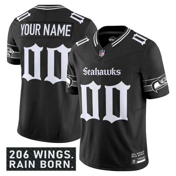 Men's Seattle Seahawks Active Player Custom Black 2025 F.U.S.E. 'Gothic Rain City Shadows Edition' Vapor Limited Stitched Football Jersey Men's Seattle Seahawks Active Player Custom Black 2025 F.U.S.E. 'Gothic Rain City Shadows Edition' Vapor Limited Stitched Football Jersey